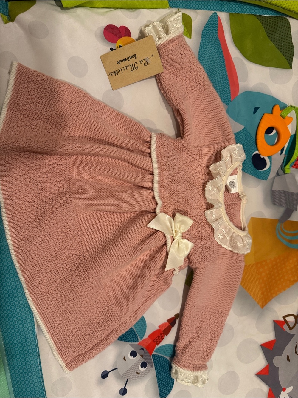 Pink Knit Baby Dress with Lace Collar